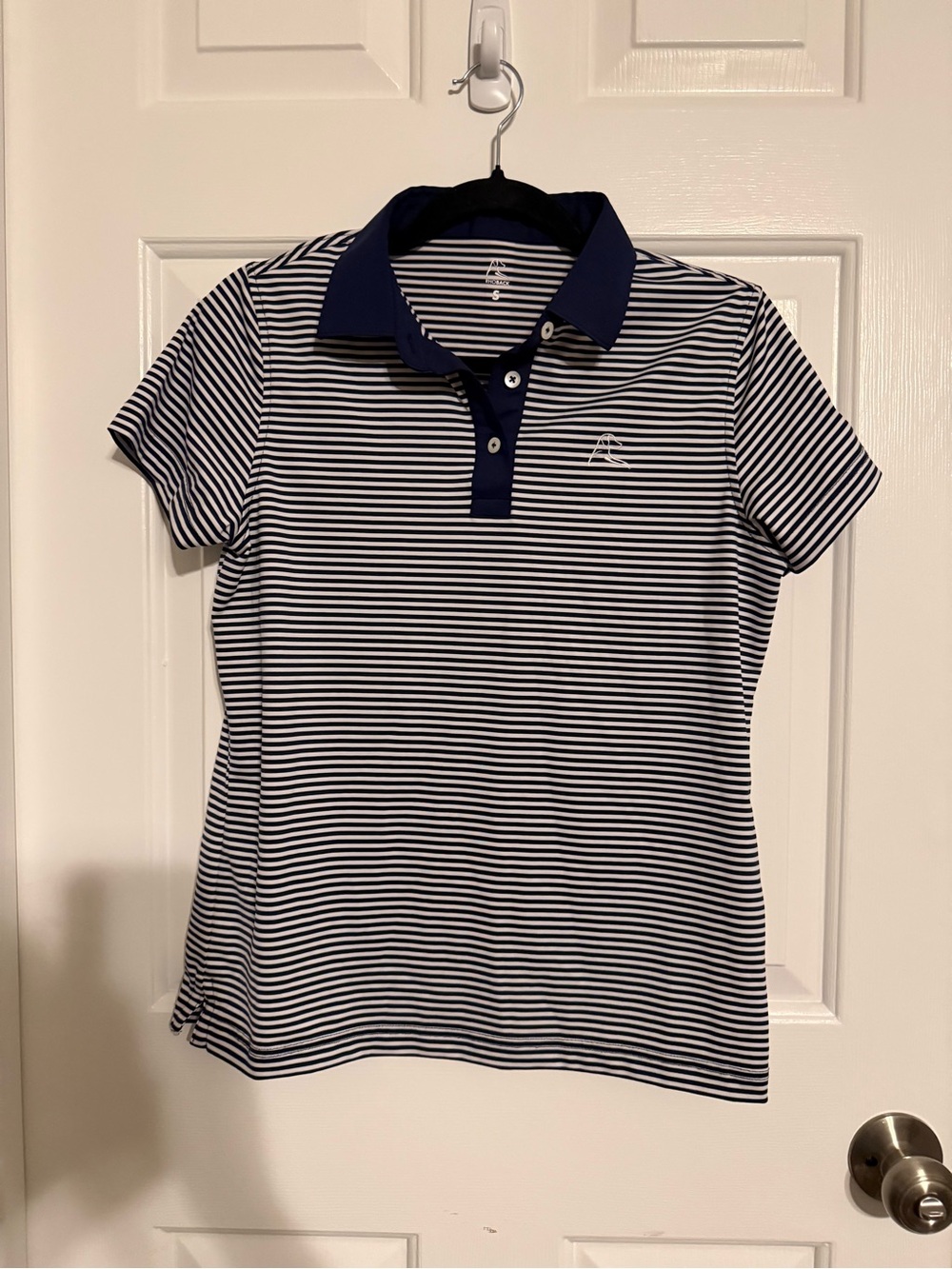 Rhoback Womens Small Navy Blue White Striped Performance Golf Polo Shirt